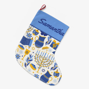 Grande Chaussette De Noël Menorah & Dreidel Blue Hanoukka Stocking