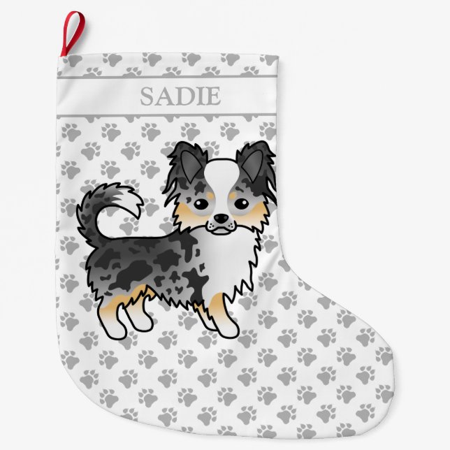 Grande Chaussette De Noël Merle bleu long manteau Chihuahua Dessin Chien & N (Devant)