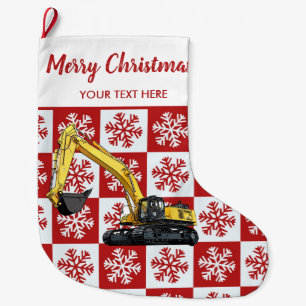 Grande Chaussette De Noël Merry Christmas Construction Excavateur Snowflake