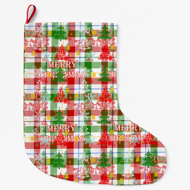 Grande Chaussette De Noël Merry Christmas Decorative Plaid Tartan  (Devant)