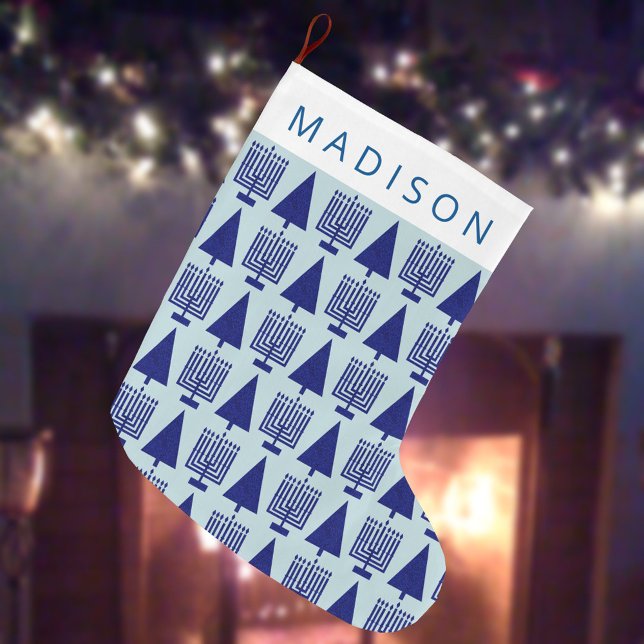 Grande Chaussette De Noël Merry Navy Interconfessionnel Chrismukkah Cute Chi (Add a child's (or adult's!) name to this cute tree and menorah Chrismukkah stocking for the holidays)