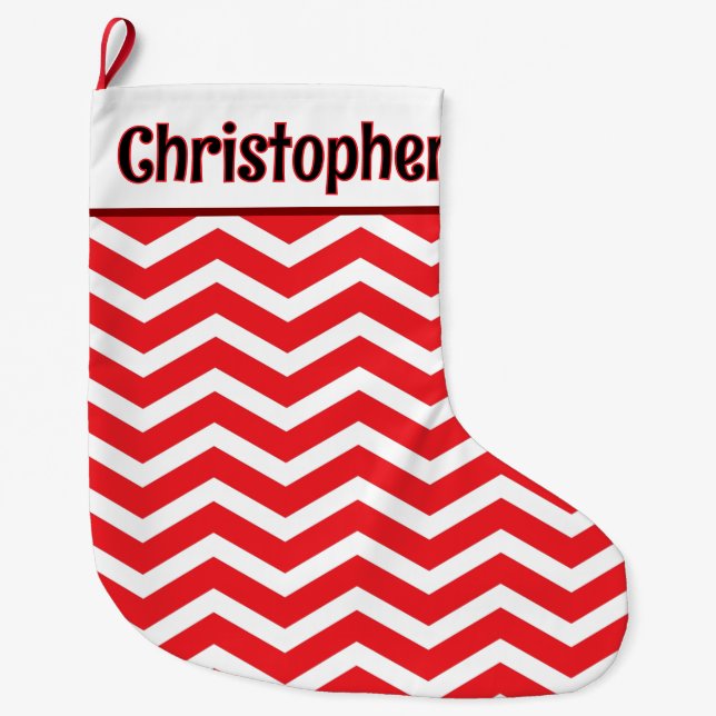 Grande Chaussette De Noël Message personnalisé mignon rouge et blanc Chevron (Devant)