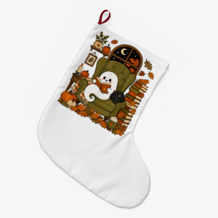 Grande Chaussette De Noël Mignon Fantôme Lisant un Livre Chat Noir Automne C