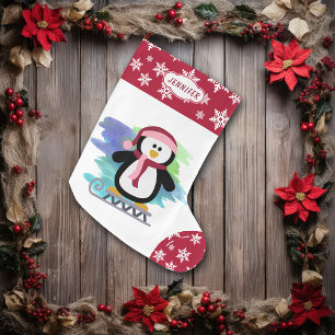 Grande Chaussette De Noël Mignon Pingouin Luge Rose