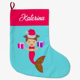 Grande Chaussette De Noël Mignonne Noël Sirène fille Santa Chapeau en mer