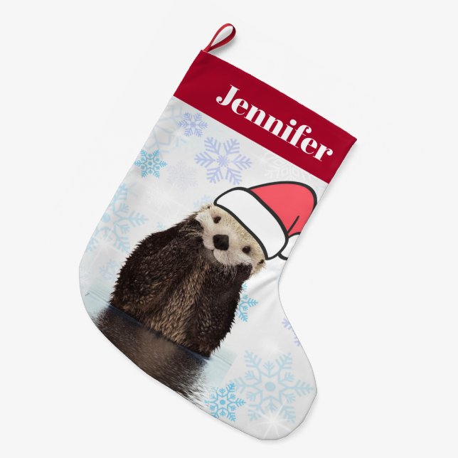Grande Chaussette De Noël Mignonne Otter portant un chapeau de Père Noël (Devant (Accrochage))