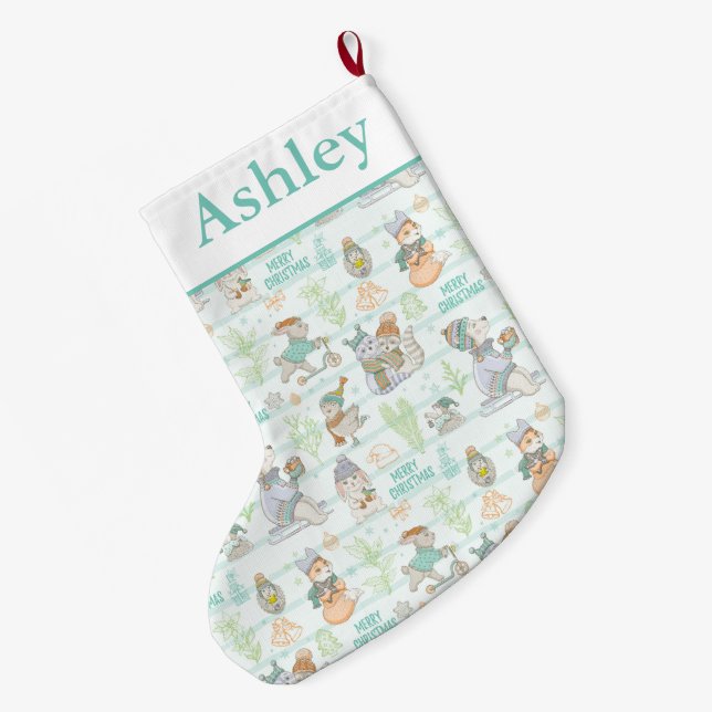 Grande Chaussette De Noël Mignons animaux de Noël (Dos (Accrochage))