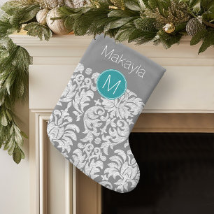 Grande Chaussette De Noël Modèle gris chic et Damas Turquoise Monogramme per