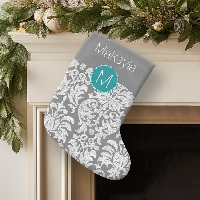 Grande Chaussette De Noël Modèle gris chic et Damas Turquoise Monogramme per (Personalized Christmas Stocking)
