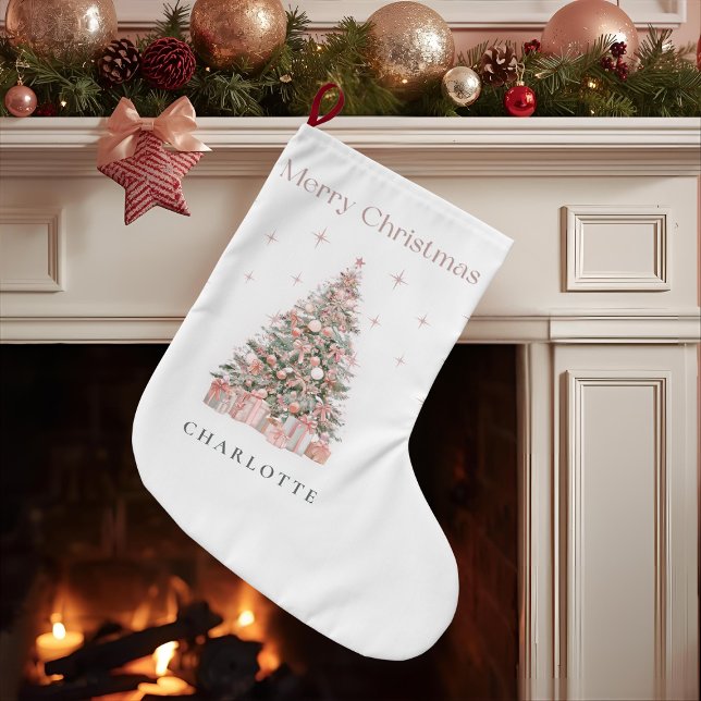 Grande Chaussette De Noël Modern Blush Christmas Tree Personalized Stocking (Créateur téléchargé)