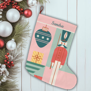Grande Chaussette De Noël Moderne Du Milieu Du Siècle Rose Et Vert Personnal