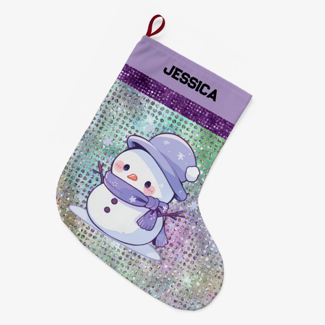 Grande Chaussette De Noël Moderne Noël Snowman Pastel Purple (Devant (Accrochage))