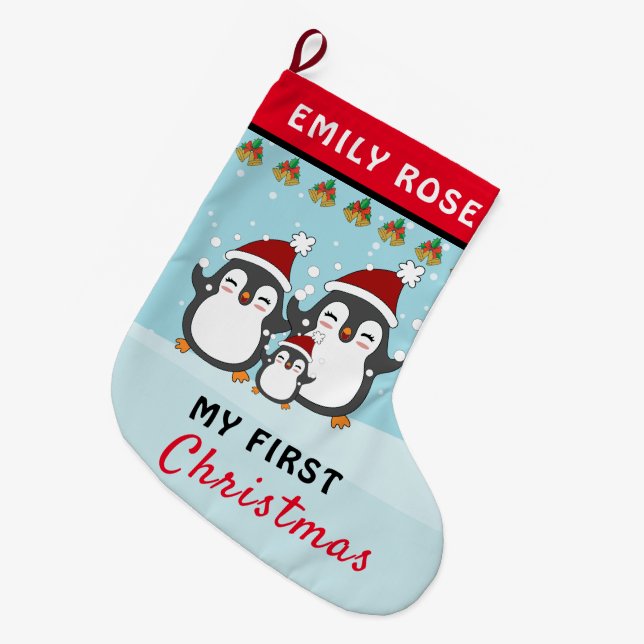 Grande Chaussette De Noël Mon premier Noël mignon Penguin Famille Vacances (Devant (Accrochage))