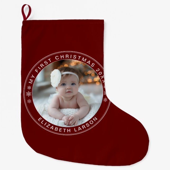Grande Chaussette De Noël Mon premier Noël personnalisé bébé photo rouge (Devant)