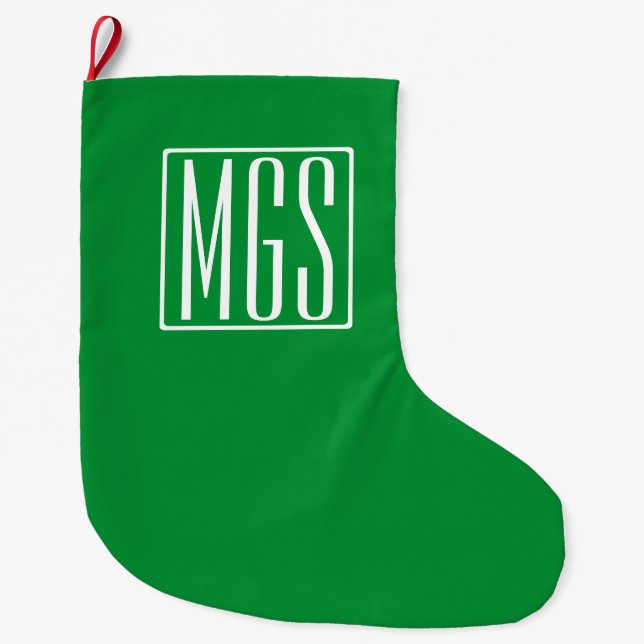 Grande Chaussette De Noël Monogramme 3 Initiales | Vert & Blanc (Devant)