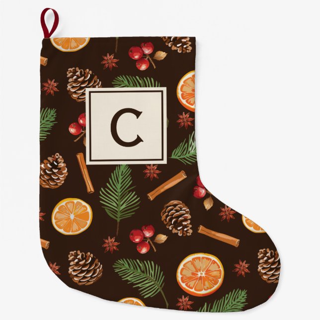 Grande Chaussette De Noël Monogramme Aquarelle Botanique d'hiver (Devant)
