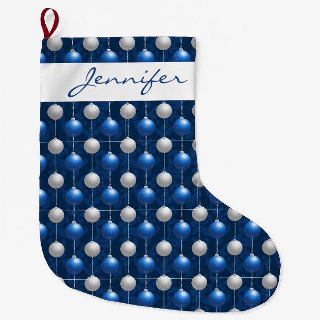 Grande Chaussette De Noël Monogramme Bleu en blanc Joyeux ornements de Noël (Devant)