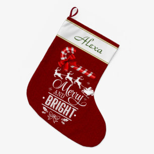 Grande Chaussette De Noël Monogramme de bonbon en ruban rouge Merry and Brig