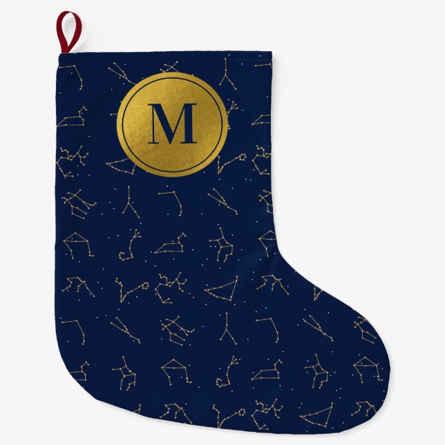 Grande Chaussette De Noël Monogramme de constellations de Zodiac bleu or et  (Devant)