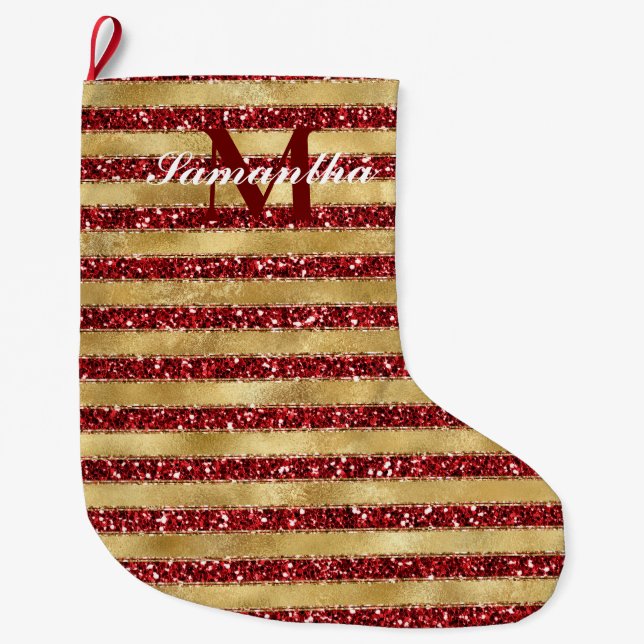 Grande Chaussette De Noël Monogramme de Parties scintillant rouge or (Devant)