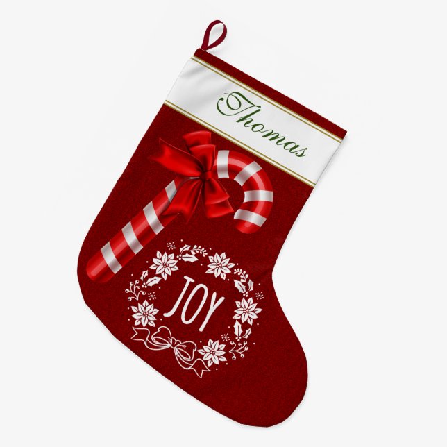 Grande Chaussette De Noël Monogramme de script Joy avec ruban rouge de canne (Devant (Accrochage))
