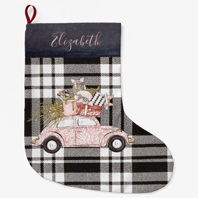 Grande Chaussette De Noël Monogramme de voiture rose carrée noire (Devant)