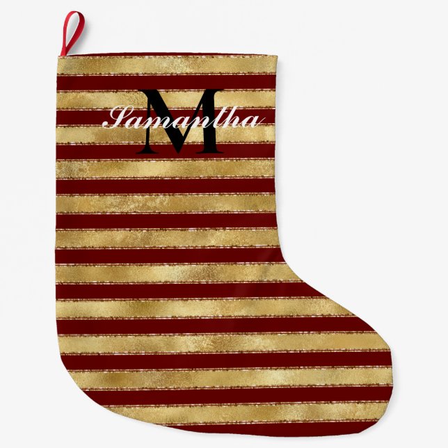 Grande Chaussette De Noël Monogramme Gold Red Stripes (Devant)