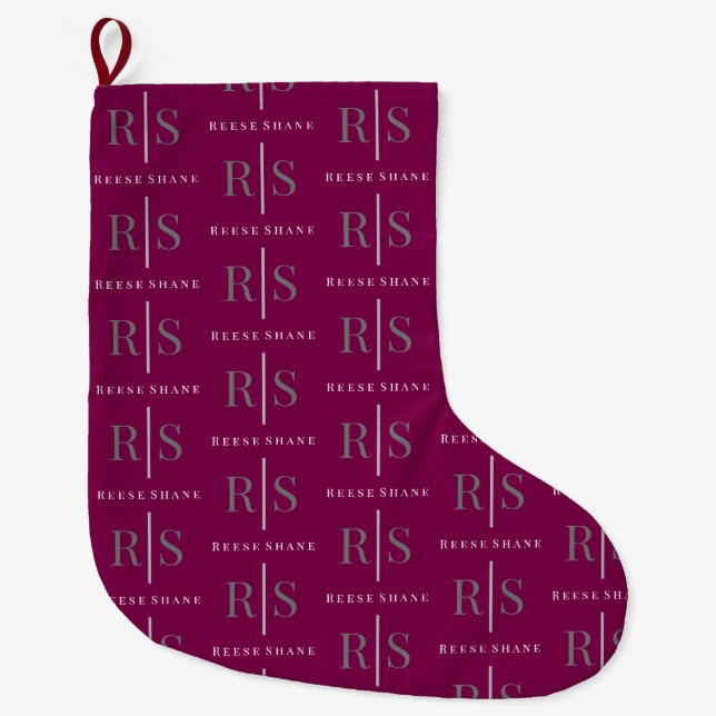 Grande Chaussette De Noël Monogramme gris élégant & nom blanc, bordeaux (Devant)