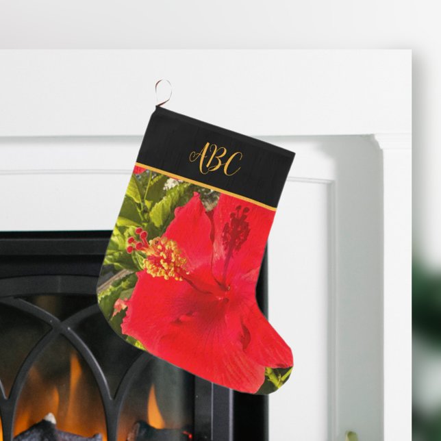 Grande Chaussette De Noël Monogramme personnalisé Fleur rouge tropicale (Créateur téléchargé)