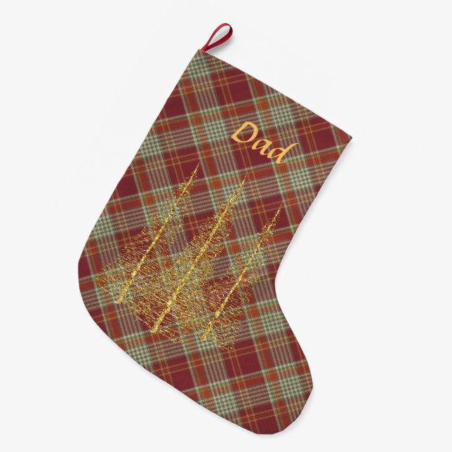 Grande Chaussette De Noël Monogramme Rouge Plaid Gold Arbres Noël Stocking (Devant (Accrochage))