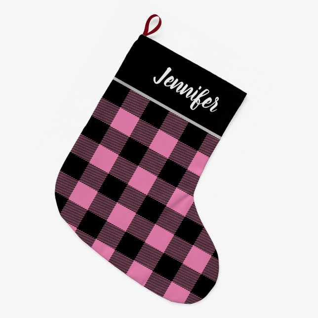 Grande Chaussette De Noël Monogramme Russe rose et noir de Buffalo Check (Devant (Accrochage))