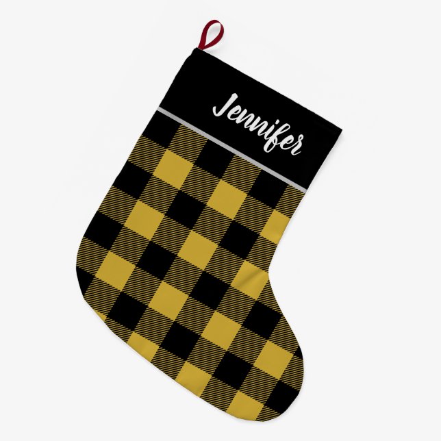 Grande Chaussette De Noël Monogramme Rustique Gold et Black Buffalo Check (Devant (Accrochage))