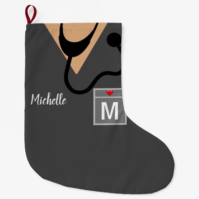Grande Chaussette De Noël Monogramme supérieur de l'infirmière personnalisée (Devant)