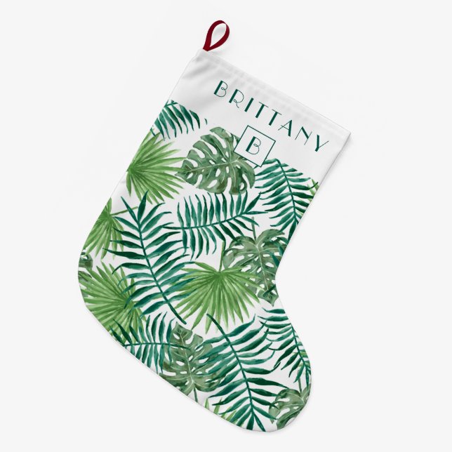 Grande Chaussette De Noël Monogramme Tropical Palm Feuille Vert (Devant (Accrochage))