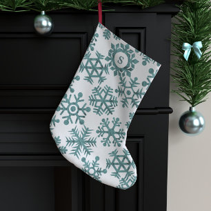 Grande Chaussette De Noël Monogramme turquoise de Motif de flocon de neige