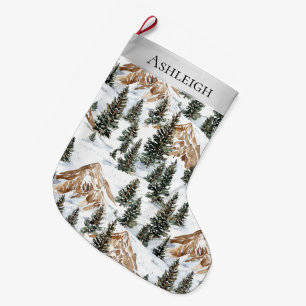 Grande Chaussette De Noël Montagnes de neige en argent Whimsical Arbres de N