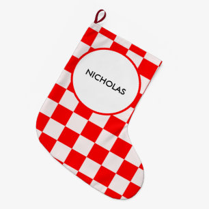 Grande Chaussette De Noël Motif À damiers rouge et blanc personnalisé