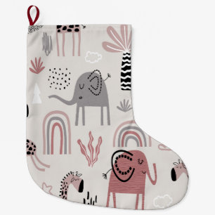Grande Chaussette De Noël motif avec des éléphants et des girafes mignons gé