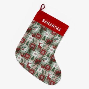 Grande Chaussette De Noël Motif carreaux et houx de Noël classique vintage