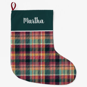 Grande Chaussette De Noël Motif carreaux rose et vert personnalisé
