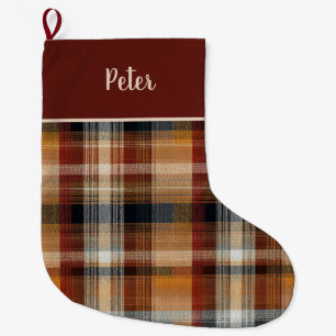 Grande Chaussette De Noël Motif carreaux rouge et marron personnalisé