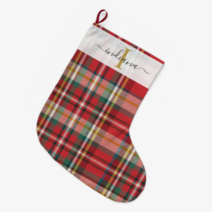 Grande Chaussette De Noël Motif carreaux rouge Noël rustique Fêtes de fin d'