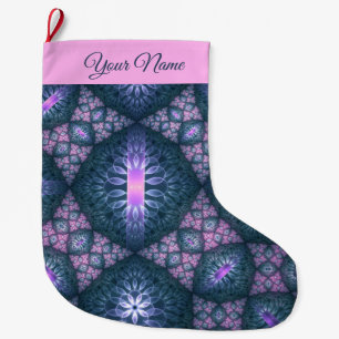 Grande Chaussette De Noël Motif d'art fractal 3D Turquoise Violet Rose Nom
