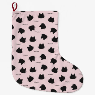 Grande Chaussette De Noël Motif de chat noir mignon Kitty rose Meow
