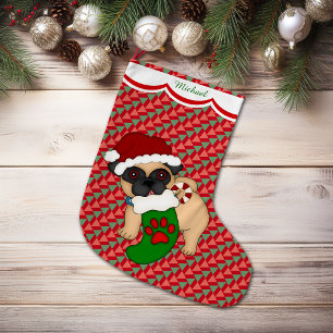 Grande Chaussette De Noël Motif de chiot Carlin personnalisé