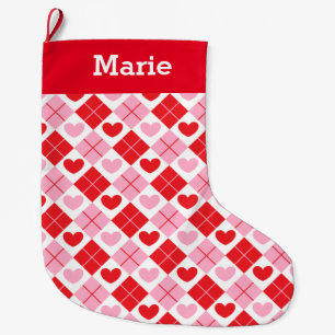 Grande Chaussette De Noël Motif de coeur Jacquard rouge et rose