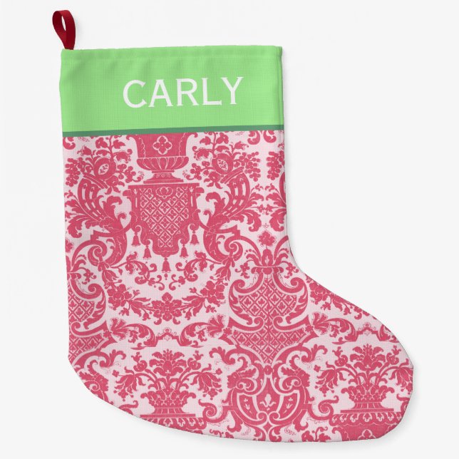 Grande Chaussette De Noël Motif de défilement rose (Devant)