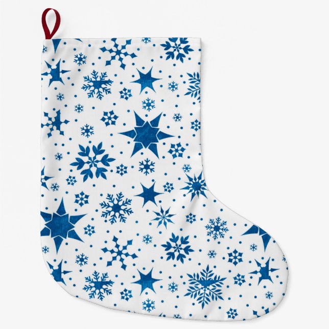 Grande Chaussette De Noël Motif de flocon de neige bleu (Devant)