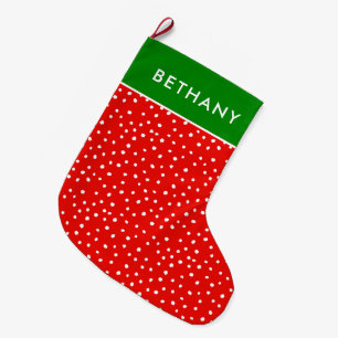 Grande Chaussette De Noël Motif de neige rouge et vert festif Nom personnali
