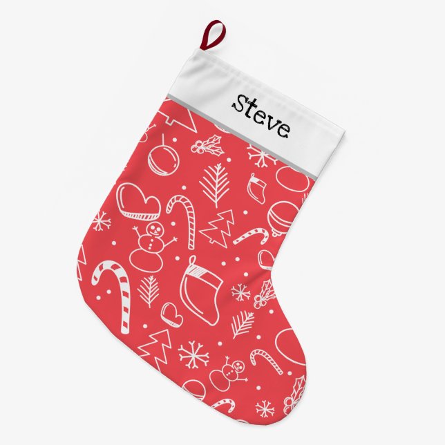 Grande Chaussette De Noël Motif de Noël Red Doodle - Fêtes de fin d'année (Devant (Accrochage))